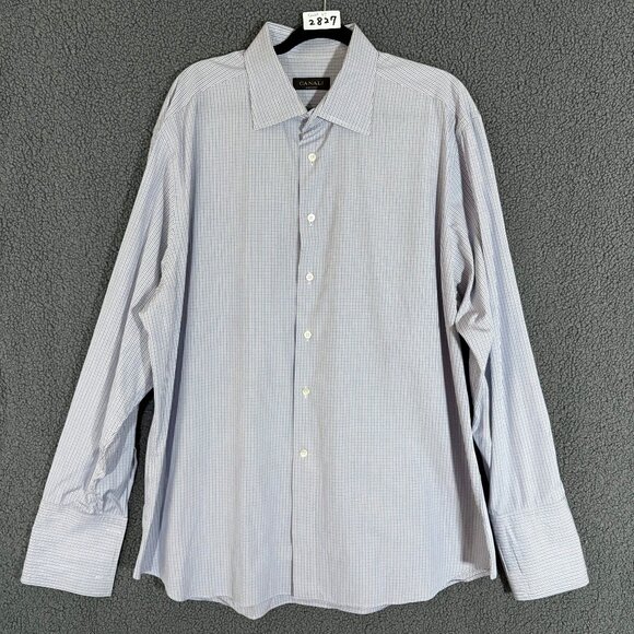 Canali Italy Made Check French Cuff Button Up Shirt - Men's Size 47/18.5 - Blue - Picture 2 of 12